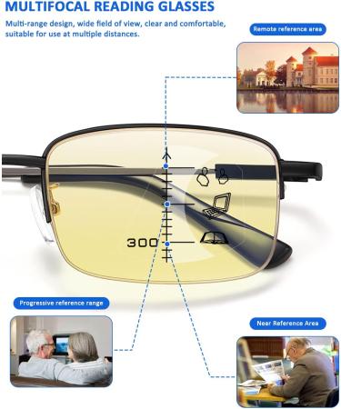 Koosufa Semi-Frame Varifocal Glasses for Men & Women | Progressive Multifocal Anti-Blue Light Reading Glasses | Metal Computer Specs | Available in 1.0 to 3.5 Strengths - Buy Online on GoSupps.com