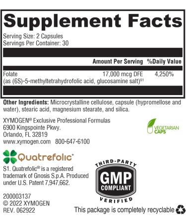 XYMOGEN 5-MTHF ES - 17,000 mcg DFE - Bioactive Folate Supplement as Quatrefolic - Mood, Cardiovascular + Methylation Support - Vitamin B Methyl Folate as L Methylfolate (60 Capsules) - Buy Online on GoSupps.com