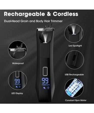Waterproof Body & Groin Hair Trimmer for Men | Dual-Head Ceramic Blade & Foil Shaver | Rechargeable Wet & Dry Groomer with LCD Display - Black - Buy Online on GoSupps.com
