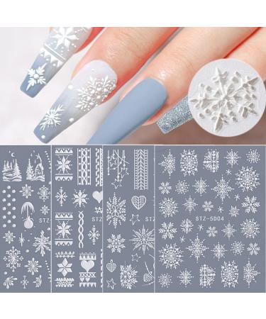 Snowflake Nail Art Sticker Decals 5D Embossed Christmas French White Snowflake Nail Art Supplies Self-adhesive Nail Art Decoration Accessories Snowflakes Lace Lattice Elk Classic Winter Design, 4 Sheets (snowflakes A) 4pcs…