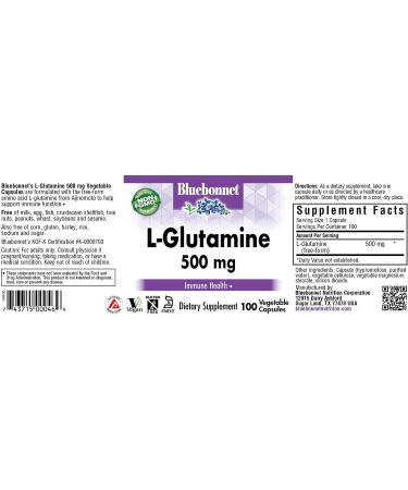 Bluebonnet Nutrition L-Glutamine 500mg Capsules - Immune & Nitrogen Support | Soy-Free, Gluten-Free, Non-GMO, Vegan | 100 Vegetable Capsules - Buy Online on GoSupps.com