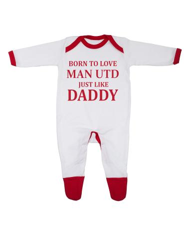 Born To Love Man Utd Just Like Daddy Baby Boy Girl Sleepsuit Designed and Printed in the UK Using 100% Fine Combed Cotton 0-3 Months White/Red Trim