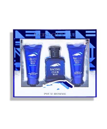 Men's Racing Club Blue Care Eau de Toilette Box 3-Pack Includes 1 x After Shave Cream 1 x Eau de Toilette Spray 1 x Shower Gel 5.1 FL. OZ. Aromatic Fougere fragrance for men.