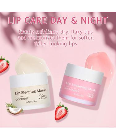 24H Lip Mask Set Strawberry Day & Coconut Night Care Hydrating & Softening Lip Sleeping Mask Duo for Dry Flaky Lips 10g x 2 (Strawberry and Coconut Set) - Buy Online on GoSupps.com