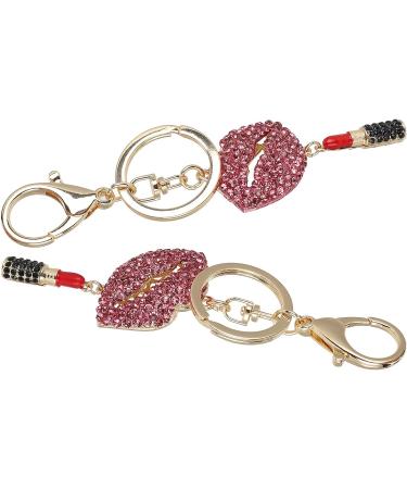 2Pcs Lips & Lipstick Sparkling Charm Keychain Set - Pink Cosmetic Bling Accessory - Buy Online on GoSupps.com