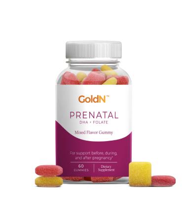 GoldN Prenatal DHA and Folate Premium Gummies | Omega-3 DHA 600 mcg Folic Acid 200 mcg Iodine & 13 Nutrients | Non-GMO Gluten-Free | Raspberry & Lemon Flavor | 60 Gummies (30-Day Supply)