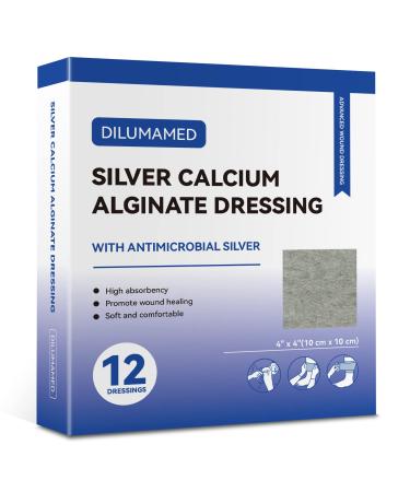 DILUMAMED Silver Calcium Alginate Wound Dressing 4x4(Pack of 12) High Absorption Bandage Patch for Bed Sore Pressure Sore Leg Ulcer Diabetic Foot Wound Care