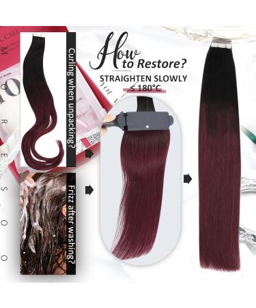 Moresoo 14 Inch Black Ombre Tape in Hair Extensions - Balayage Black and Wine Red Human Hair 20 Pieces/50g - Buy Online on GoSupps.com