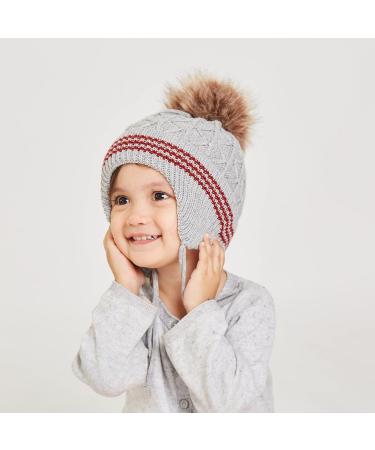 LANGZHEN Toddler Winter Hat | Earflap Knit Beanie for Baby Boys Girls | Fleece Lined Cap (1-2 Years) - Grey-Pompon - Buy Online on GoSupps.com