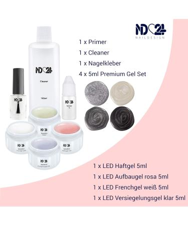 ND24 NAILDESIGN Premium Gelnail Starter Set - 20-Piece LED Gel Kit for Beginners with Adhesive French and Sealing Gels - Made in Germany - Buy Online on GoSupps.com