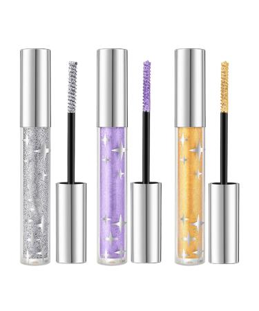 Qkbuza 3 Pieces Glitter Eyeshadow Mascara Glitter Eyelash Mascara Glittering Volumizing Mascara Volume and Length Long Lasting Glittering Waterproof Curl