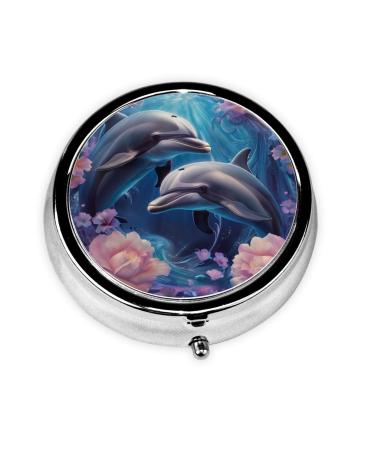 Two Cute Dolphins Portable Metal Pill Box Round Mini 3-Compartment Plastic Insert hinged Fastening Design Suitable for Small Pills Must-Have for Travel