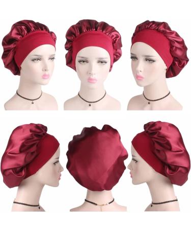 Wide Band Satin Hair Bonnet for Sleeping - Silk Cap for Women & Girls - Elastic Hat for Black & Curly Hair - 1pcs Wine Red - Buy Online on GoSupps.com