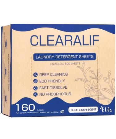 Laundry Detergent Sheets Up to 160 Loads, Fresh Linen - Great For Travel,Apartments, Dorms,CLEARALIF Laundry Detergent Strips Eco Friendly & Hypoallergenic Fresh Linen Scent 160 Count (Pack of 1)