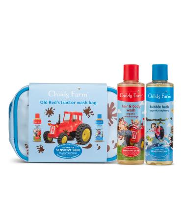 Childs Farm | Kids Tractor Luxury Wash Bag Gift | Organic Raspberry Bubble Bath 250ml & Sweet Orange Hair & Body Wash 250ml | Suitable for Dry Sensitive & Eczema-prone Skin