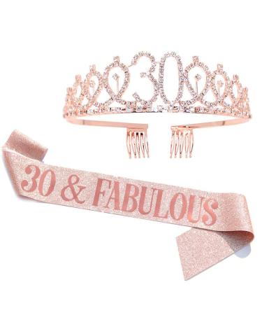 30th Birthday Gift for Women, 30th Birthday Tiara, Sash for 30 Year Old Rose Gold Birthday Party Decoration and Supplies with Gift Box, 2PCS