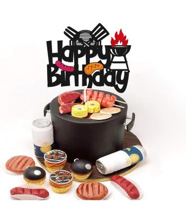 Barbecue Cake Topper for BBQ Sausage Roti Grill Cooking Theme Happy Birthday Cake Decorations Kids Boy Girl Bday Party Handmade Double Side Glitter Black Supplies Decor - Buy Online on GoSupps.com