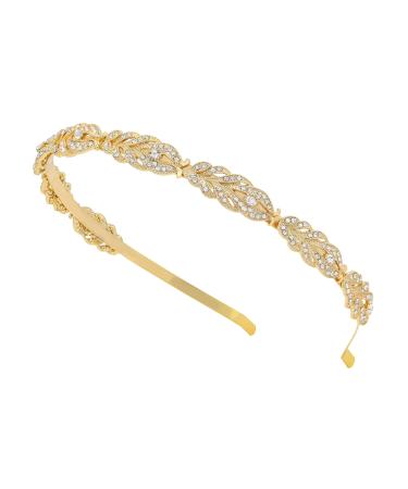 Oriamour Flower Design Rhinestone Crystal Wedding Headband Bridal Headpieces Simple Design Bridal Headband (Gold)