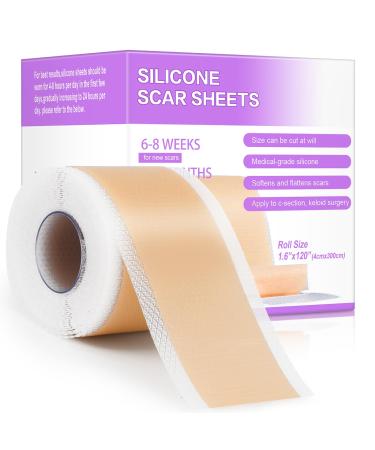 Silicone Scar Sheets - 1.6 x 120 Roll Medical Grade Scar Tape Non-Irritating Scar Removal Strips for Surgical Scars Keloid Bump C-Section Tummy Tuck