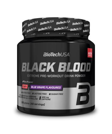 BioTechusa Black Blood Caf+ Preawobout Beverage powder with 12 active ingredients and 200mg of caffeine per portion- sugar lactose and gluten-free 300 g blue grapes