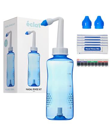 ECLAT Nasal Rinse Kit - Gentle Pressure Nasal Irrigation, Smart Control Auto Flow On/Off Valve, BPA-Free Nose Wash Cleaner Sinus Clearer for Kids & Adults with Cap, 2 Nozzles and 40 Salt Packs (500mL)