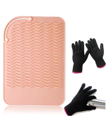 AYNKH 2PCS Heat Resistant Gloves with Silicone Heat Blocking Mat for Hair Straighteners Curling Wand Flat Iron Universal Professional Hair Styling Protection Gear Suitable for Travel Home Salon