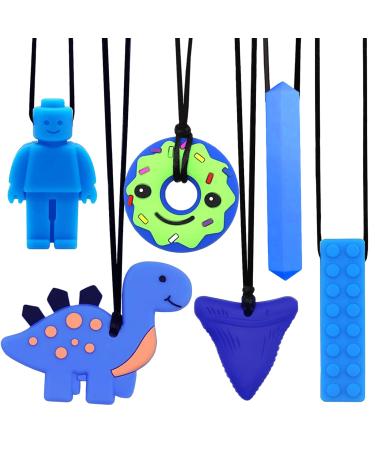 6 PCS Sensory Chew Necklace Teether Chew Toys Safety Food Grade Silicone for Kids Toddlers ADHD Autistic Biting Needs Oral Motor Teether Chew Pendant Toy with Adjustable Buckle for Baby Boys(Blue)