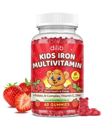 Iron Supplement Gummies for Kids Kids Multivitamin with Iron Gummies - Zinc Vitamin B Complex A C D3 B12 Folate for Blood Builder & Energy Support Iron Deficiency Vegan Strawberry 60 Gummies Strawberry 60 Count (Pa