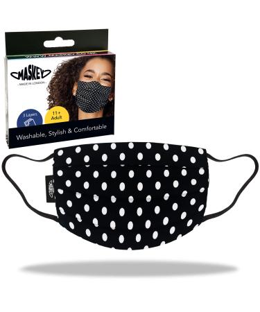 White Dots on Black Washable and Reusable Face Mask from MASKEY | 3 Layers of Blended Cotton | Unisex and Super Stylish | Made in London UK