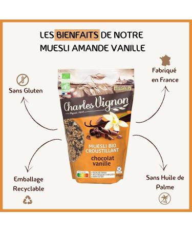Charles Vignon - Organic Crunchy Chocolate Vanilla Muesli - Gluten Free - 375 g - High in Fiber Made in France Bag - Buy Online on GoSupps.com