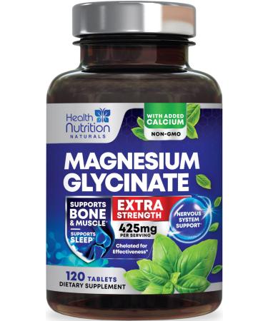Magnesium Glycinate Extra Strength 425 mg - Chelated High Absorption with Calcium for Bone & Heart Health Support Minor Muscle Cramp Support - Non-GMO Vegan Gluten Free Supplement - 120 Tablets 120 Count (Pack of 1)