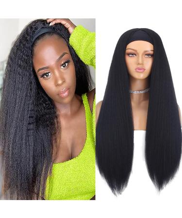 Xtrend 26 Inch Kinky Straight Yaki Headband Wig Long Straight Yaki Synthetic Black Hair Natural Looking Headband Attached Glueless Wigs Easy to Wear for Black Women 1B# 26 Inch (Pack of 1) A-Black#