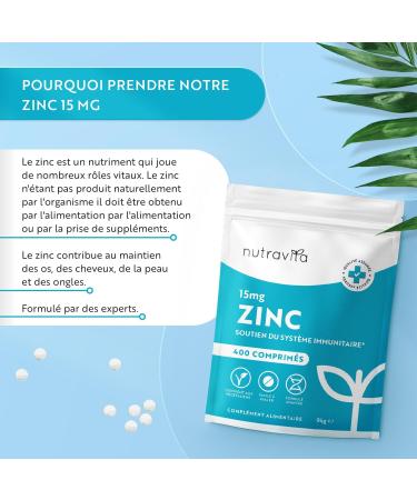 Zinc 15 mg - 400 Vegan Tablets (12 months) - Zinc Dietary Supplement maintain a normal immune system bones hair and nails and skin - High absorption - Nutravita - Buy Online on GoSupps.com