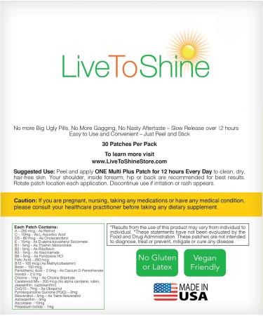Live To Shine Multi Plus Patch 30-Day Supply USA-Made Topical Wellness Patch for Women & Men Vegan Sugar-Free Gluten-Free Non-GMO Daily Energy & Immune Support - Buy Online on GoSupps.com
