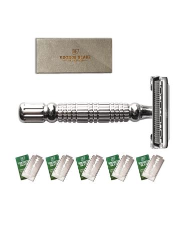 Double Edge Safety Razor by VIKINGS BLADE, Fat & Short Handle, Swedish Steel Blades Pack + Luxury Case. Twist to Open, Heavy Duty, Reduces Razor Burn, Smooth, Close, Clean Shave (Model: The Chieftain) Chromium Silver