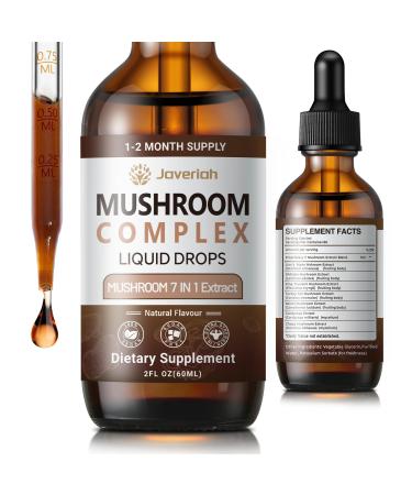 Javeriah Mushroom Complex Liquid Drops Supplement with Lion's Mane, Shiitake, King Trumpet, Turkey Tail, Reishi, Cordyceps & Chaga,7 in 1 Mushrooms Complex Blend Tincture 2 fl oz