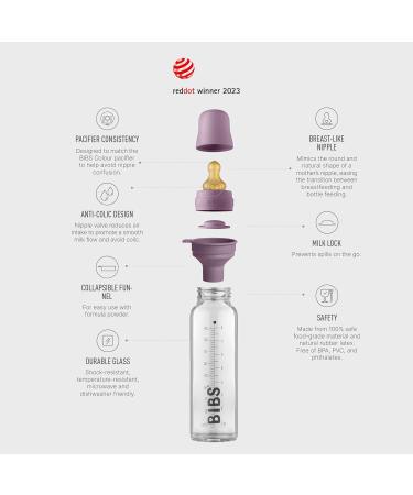 BIBS Baby Glass Bottle 225ml Mauve Complete Set | Anti-colic Round Natural Rubber Latex Nipple | Supports Natural Breastfeeding - Buy Online on GoSupps.com