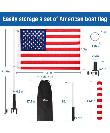 Affordura Boat American Flag & Pole Set | 16x24 Flag w/ Mount for Round & Square Rails | Includes 2 Clips | Blue - Buy Online on GoSupps.com
