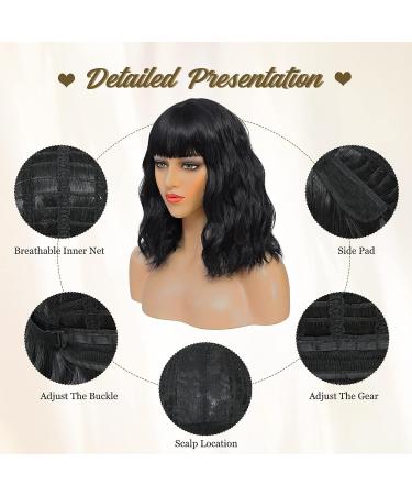 CAIXIU HAIR Short Black Bob Wig with Bangs - 14 Inch Natural Wavy Hair for Women - Perfect for Daily Wear, Parties, and Cosplay - Buy Online on GoSupps.com