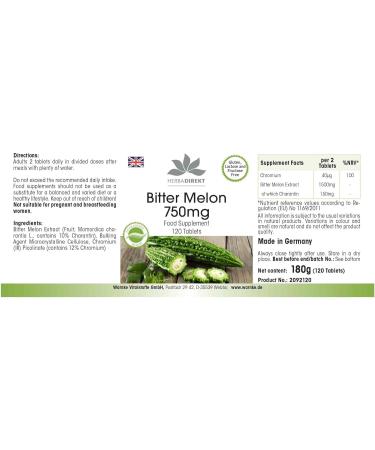 Bitter Melon 750mg - High Dose Vegan Tablets | 120 Count with Chromium | HERBADIREKT by Warnke Vitalstoffe - Premium German Pharmacy Quality - Buy Online on GoSupps.com