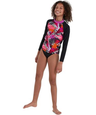 Speedo Girls Printed Long Sleeve Sun Protection Rash Top - 11-12 Years - Black/Pink | Best for Sun Safety & Comfort - Buy Online on GoSupps.com