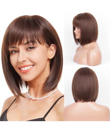 HAIRCUBE Straight Wigs for Women Synthetic Hair Wig with Fringe Chestnut Brown