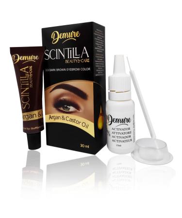 Demure Eyebrow Dye Kit Professional Formula Brow Tint - contains Argan Oil & Castor Oil (Omega 6 Carotene Vitamins F) Fast and Safe Results (3.0 Dark Brown)
