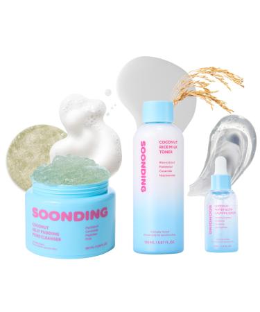 SOONDING Coconut Korean Glass Skincare Triple Set - Coconut Jelly Pudding Pore Cleanser Rice Milk Toner Water Glow Calming Serum