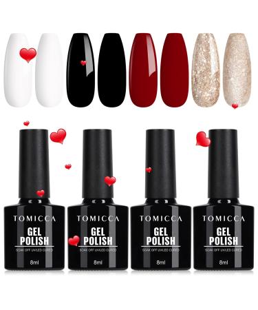 TOMICCA Gel Nail Polish Set - Glitter Red Gold White Black Gel Polish Set Soak Off UV Nail Lamp LED Cured Nail Art Design Gel Nail Kit Christmas Gifts for Women Simplicity