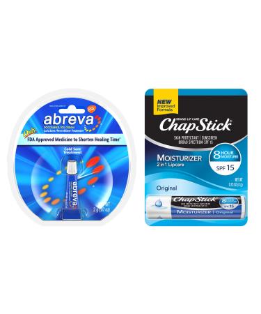 Abreva (Single 2g Tube) Cold Sore Healing Cream + Chapstick Moisturizer (1 Stick) Ultra-Hydrating Lip Balm Lip Care Package