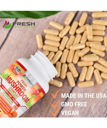 FRESH HEALTHCARE Peak Power Mushroom Supplement - 90 Vegan Capsules for Immune & Brain Support with Lions Mane, Cordyceps, Reishi, Turkey Tail, and Shiitake - Buy Online on GoSupps.com