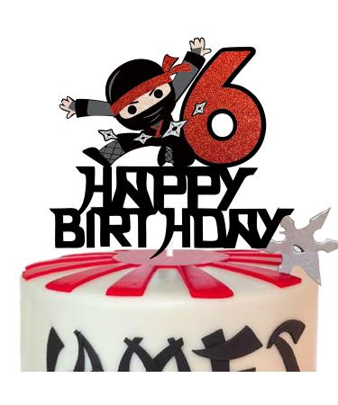 Happy 6th Birthday Cake Topper - Kung FU Ninja Themed Karate Boy Girl Baby Shower Glitter Party Cake Decoration - Six Years Old Birthday Party Decor