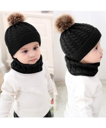 CheChury Toddler Hat and Scarf Set - Baby Warm Knit Pom Beanie Cap with Circle Loop Scarf Neckwarmer 1-3 Years - Black - Buy Online on GoSupps.com