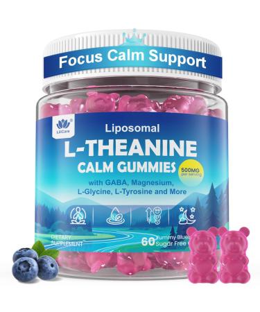 L Theanine Calm Gummies 500mg Sugar-Free Liposomal L-Theanine Supplement w/Safforn Magnesium Glycinate GABA Ashwagandha Algae Omega-3 Vitamin D3 B12 for Brain Calm Relax Mood Zzz 120Cts 60 Count (Pack of 2)